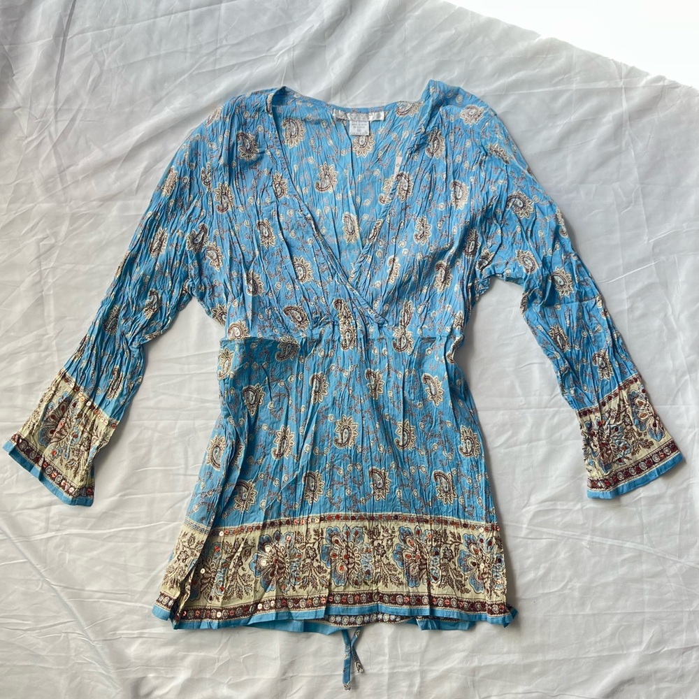 NWT Dress Barn Blue and Cream Paisley Tunic Bohemian Top Size M